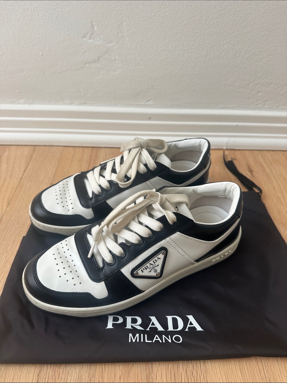 PRADA Downtown Black & White Leather Sneakers Size 37.5